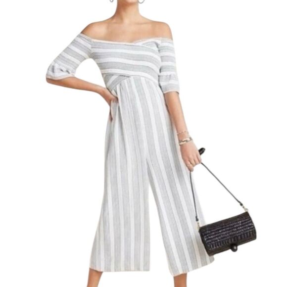 Anthropologie Ali & Jay Jumpsuit Romper Gray White Stripe Smocked Women’s Medium - Picture 1 of 12